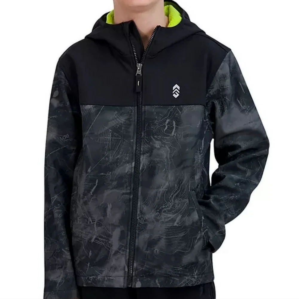 Free Country Boys Softshell Jacket Map Print Black size 10 12 neon lined